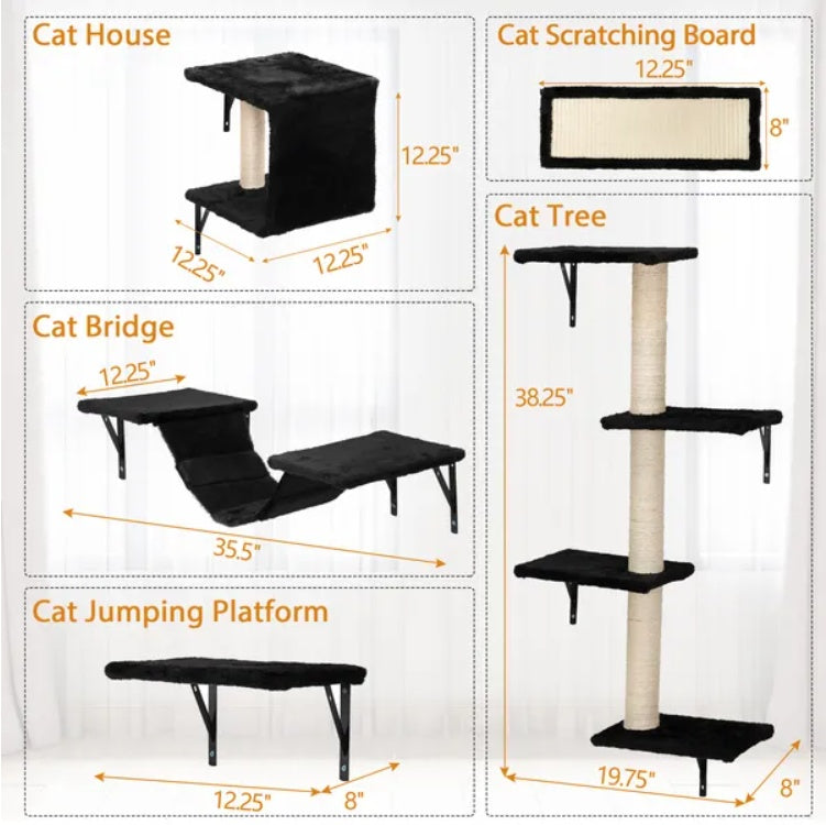 5 Pcs Wall Mounted Cat Climber Set Floating Cat Shelves And Perches Cat Activity Tree With Scratching Posts Modern Cat Furniture