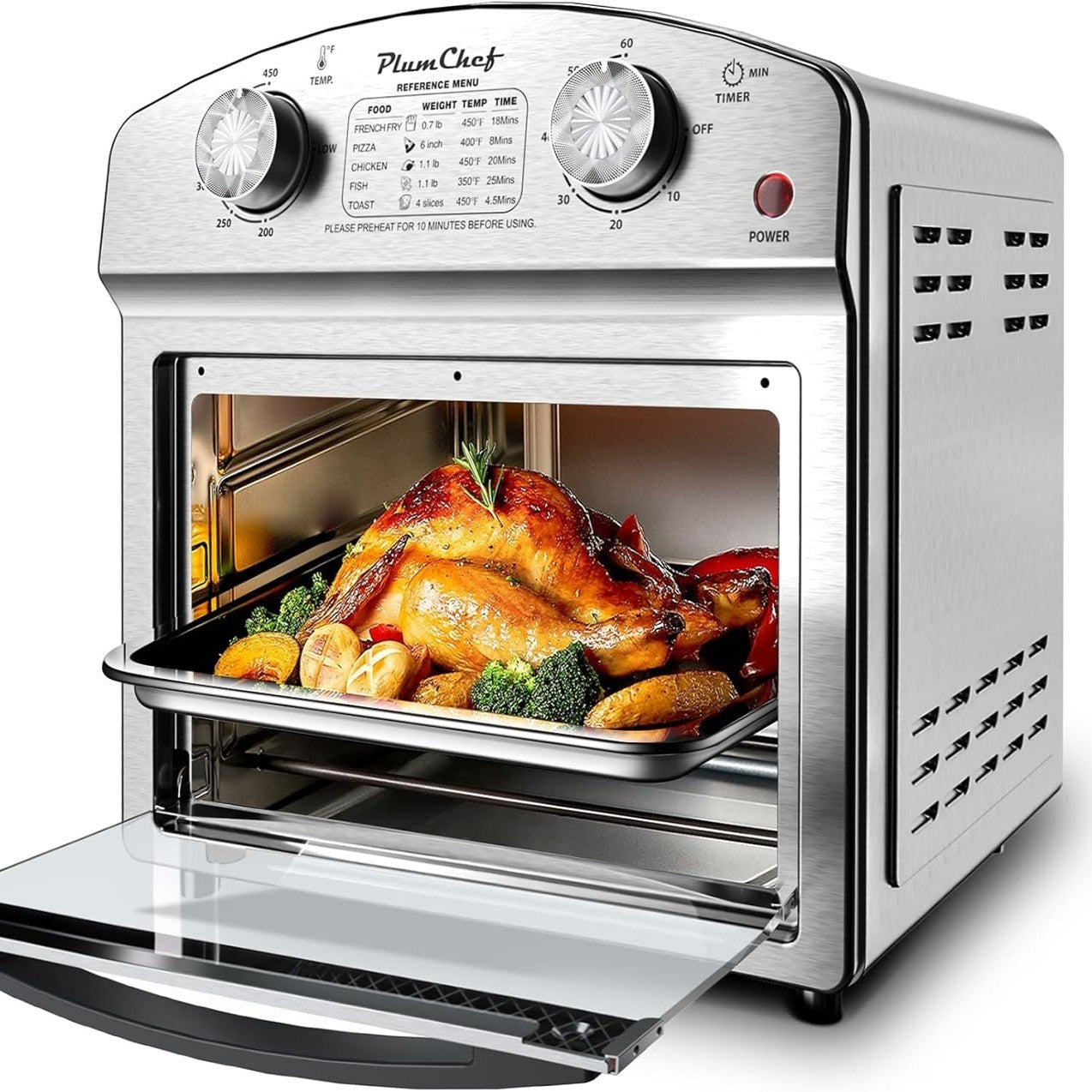 Stainless Steel 12.5 Qt Air Fryer, Dual Knob Control, 60-Min Timer, Presets For French Fries, Pizza, Chicken, Fish, And Toast Sleek Design