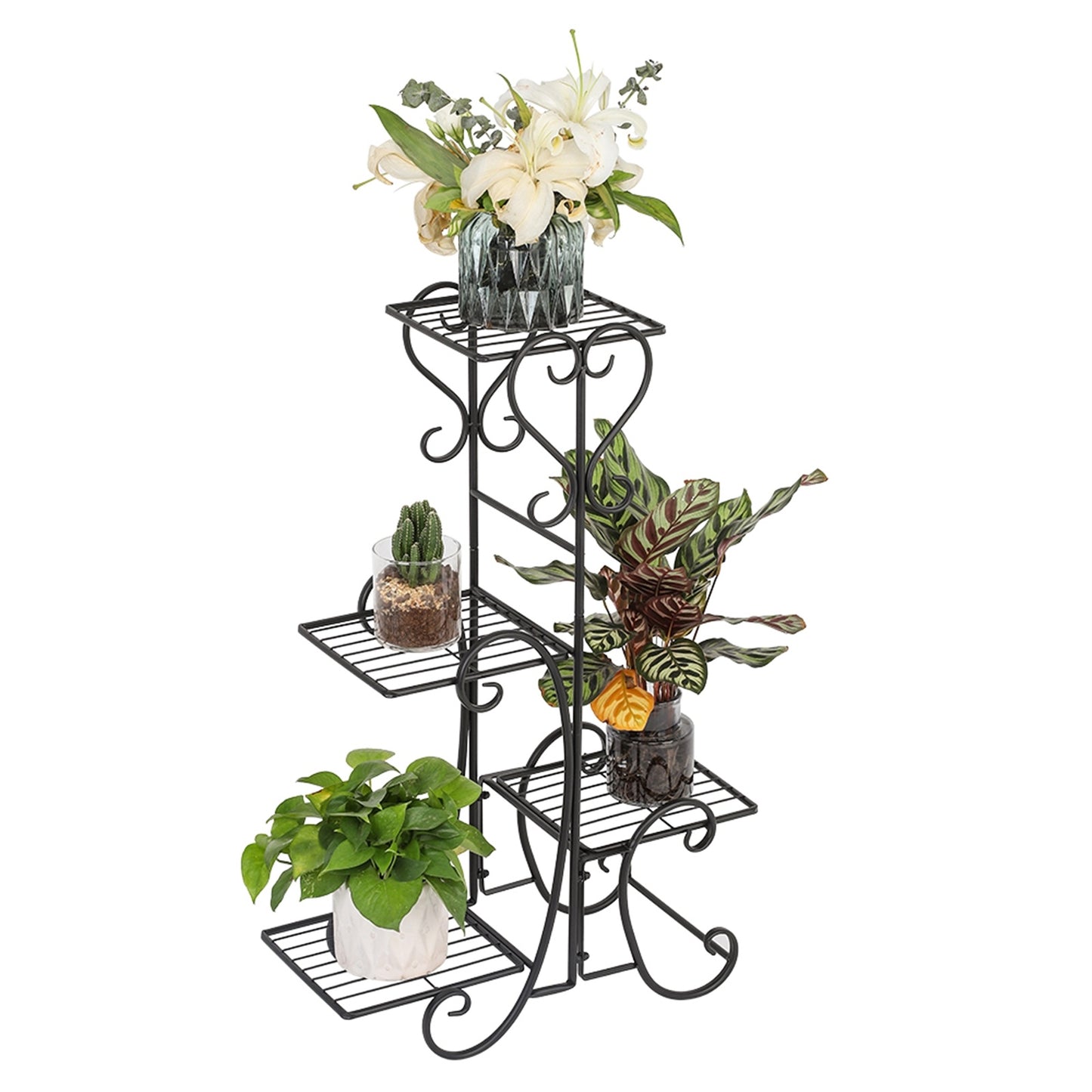Square Potted Slot, Metal Plant Stand - Black