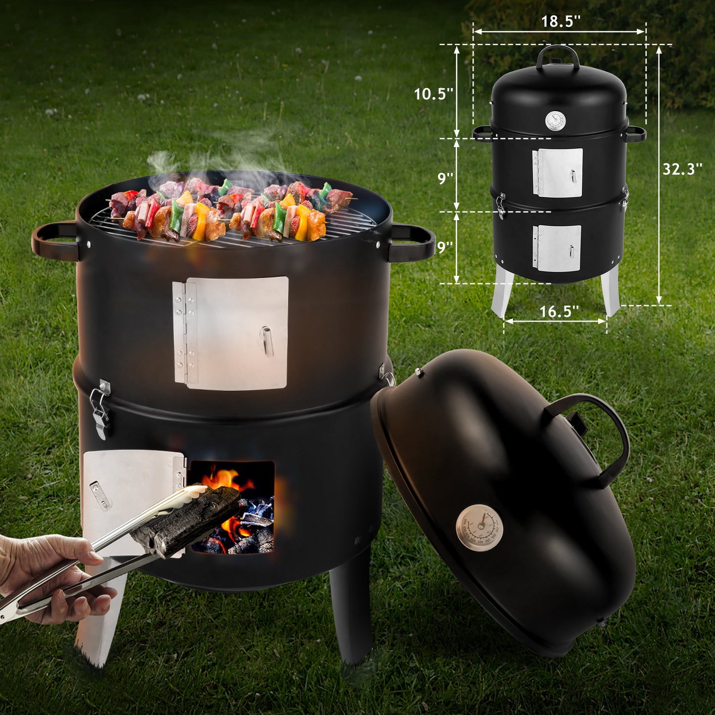 47x41.5x82cm Black, Double-walled, Cylindrical, Smoker, Charcoal Grill