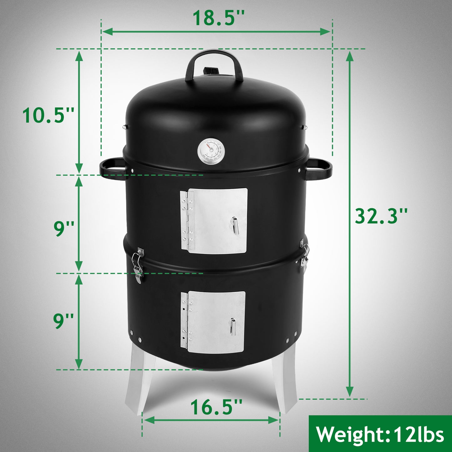 47x41.5x82cm Black, Double-walled, Cylindrical, Smoker, Charcoal Grill