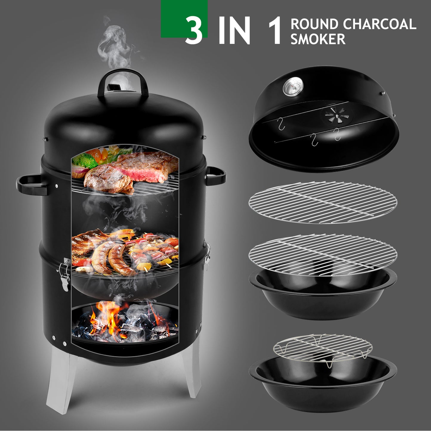 47x41.5x82cm Black, Double-walled, Cylindrical, Smoker, Charcoal Grill