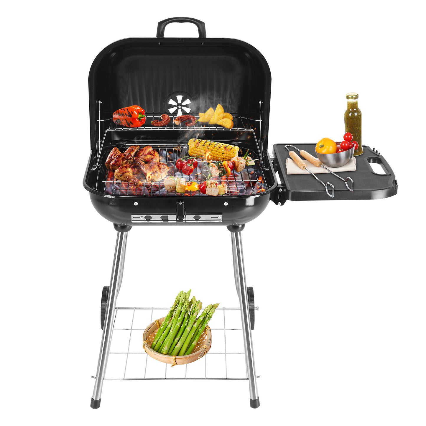 89.5x65x83cm Black, Foldable Side Panels, Square, Charcoal Grill
