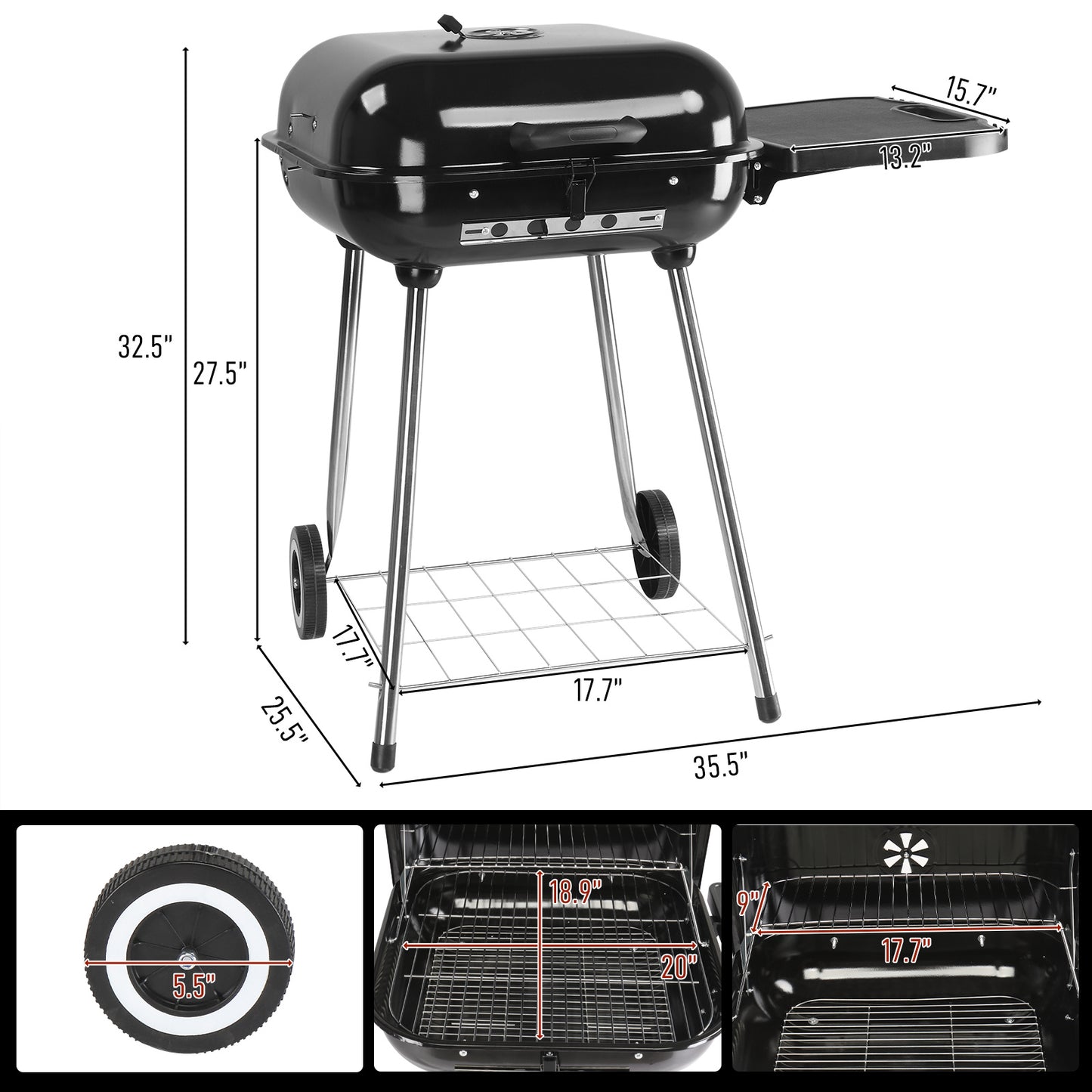89.5x65x83cm Black, Foldable Side Panels, Square, Charcoal Grill