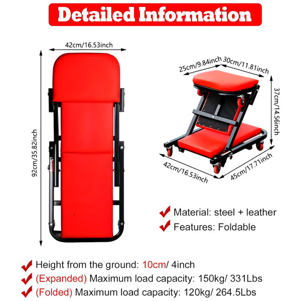 300 Pound Load-bearing, Z-shaped Crawling Seat, 36 Inch 2-in-1 Black Foldable Low Profile Garage Chair