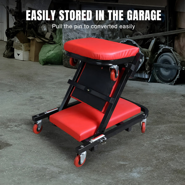 300 Pound Load-bearing, Z-shaped Crawling Seat, 36 Inch 2-in-1 Black Foldable Low Profile Garage Chair