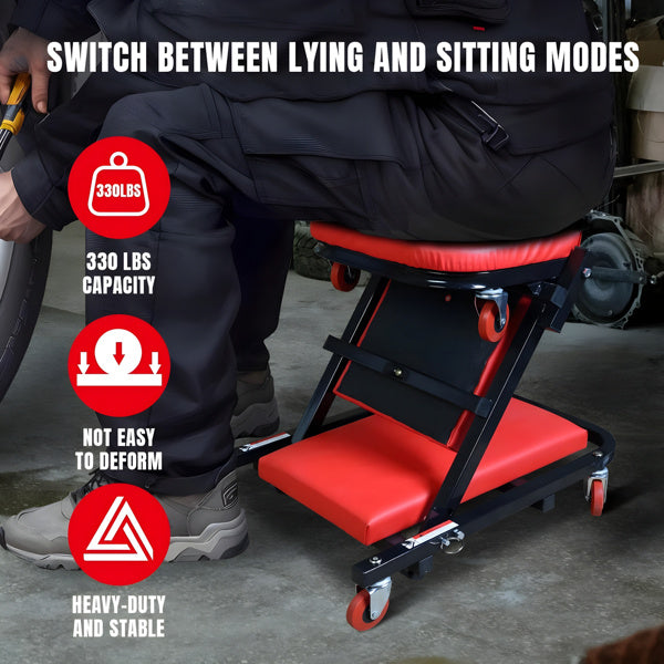 300 Pound Load-bearing, Z-shaped Crawling Seat, 36 Inch 2-in-1 Black Foldable Low Profile Garage Chair