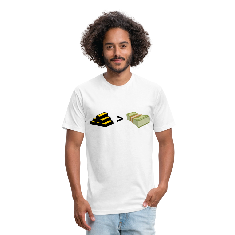 Gold is Greater than Money Fitted Cotton/Poly T-Shirt by Next Level - white