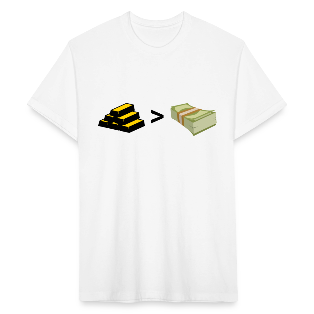 Gold is Greater than Money Fitted Cotton/Poly T-Shirt by Next Level - white