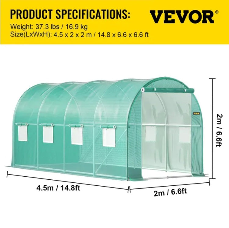 VEVOR Walk-in Tunnel Greenhouse, 14.8 X 6.6 X 6.6 Ft Portable Plant Hot House W Galvanized Steel Hoops, 1 Top Beam, Diagonal Poles, Zippered Door 8 Roll-up Windows, Green