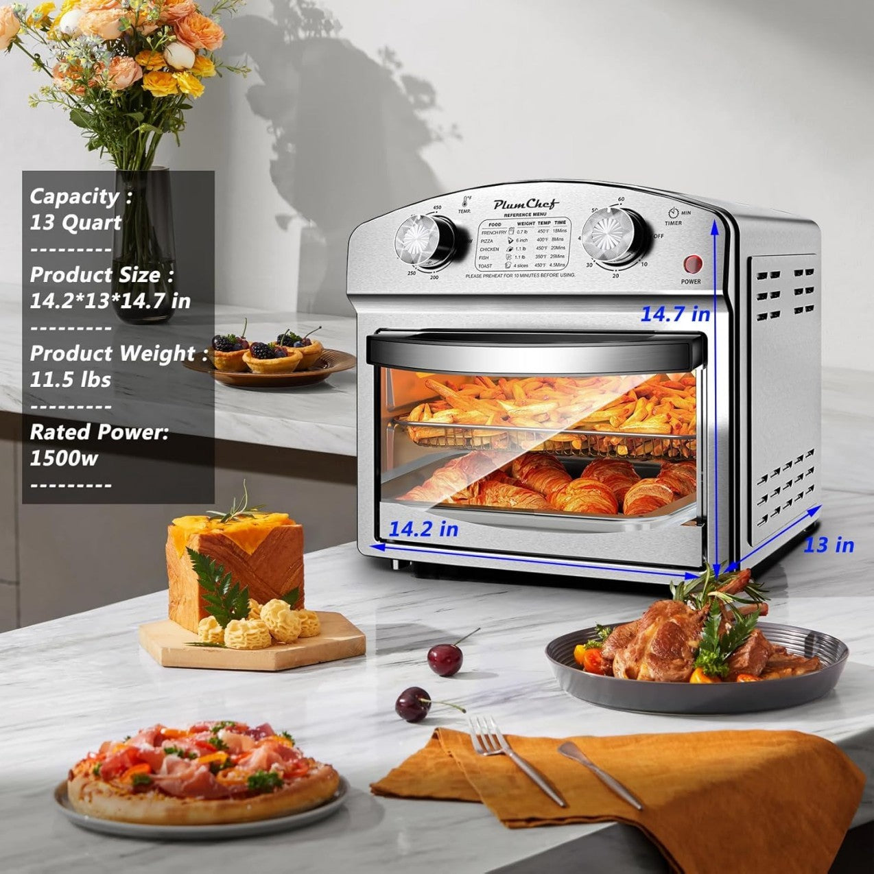 Stainless Steel 12.5 Qt Air Fryer, Dual Knob Control, 60-Min Timer, Presets For French Fries, Pizza, Chicken, Fish, And Toast Sleek Design