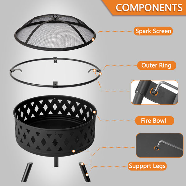 32in Round Shape With Lifting Ring, Mesh Lid, Diamond Holes, Wood-burning Brazier, Wrought Iron, Black