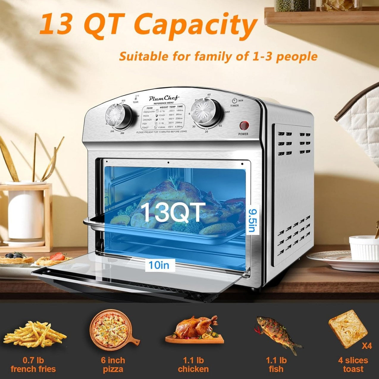 Stainless Steel 12.5 Qt Air Fryer, Dual Knob Control, 60-Min Timer, Presets For French Fries, Pizza, Chicken, Fish, And Toast Sleek Design