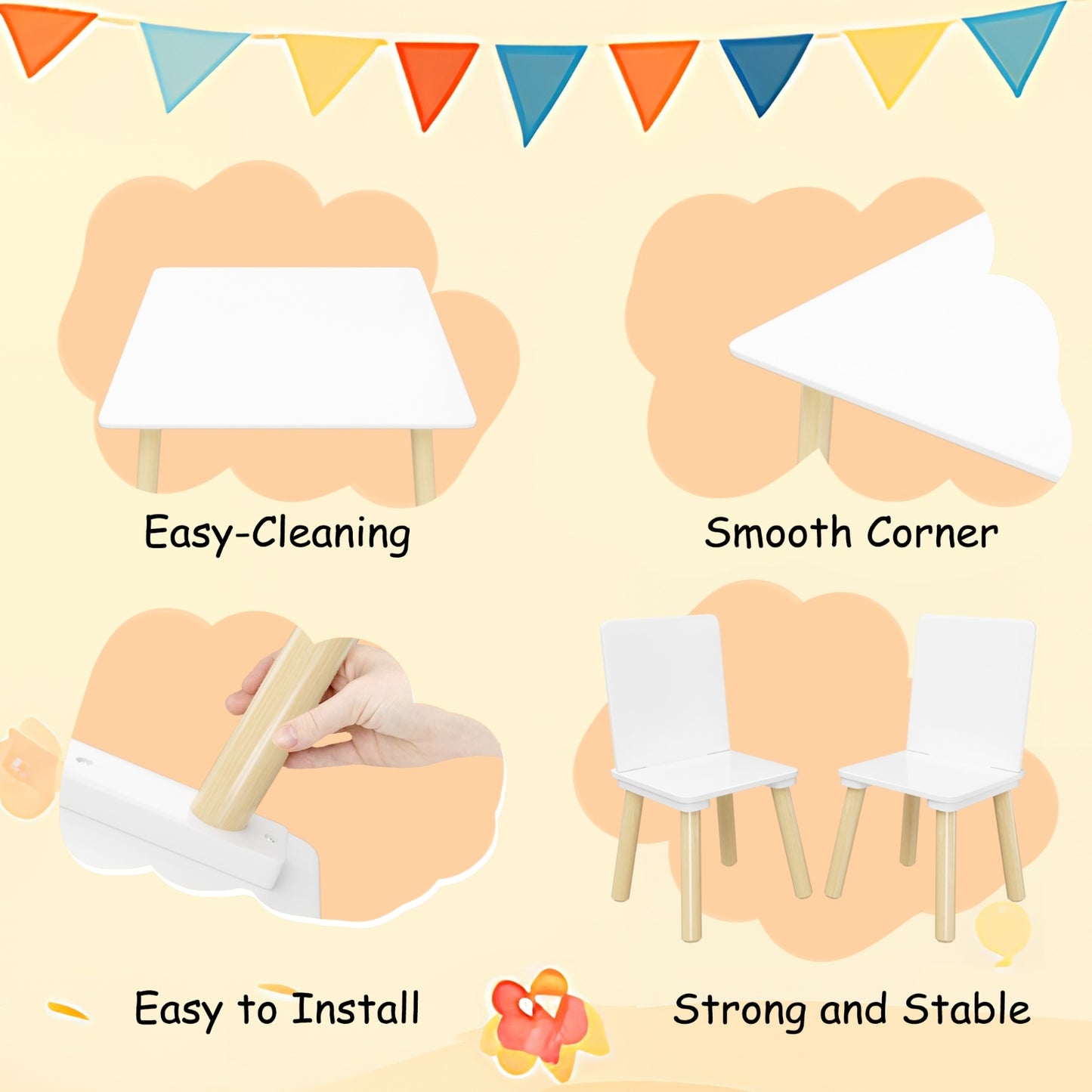 Kids Table And 2 Chairs Set, 3 Pieces Toddler Table And Chair Set, Wooden Activity Play Table Set