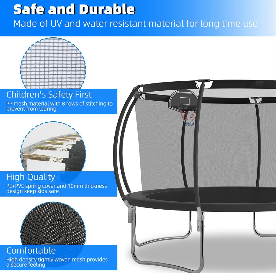 12 FT TRAMPOLINE BLACK PUMPKIN-STYLE SAFETY NET WITH BASKETBALL HOOP