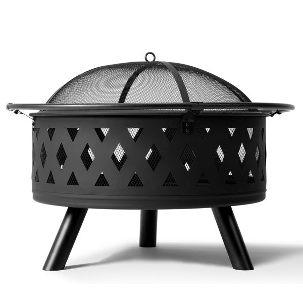 32in Round Shape With Lifting Ring, Mesh Lid, Diamond Holes, Wood-burning Brazier, Wrought Iron, Black