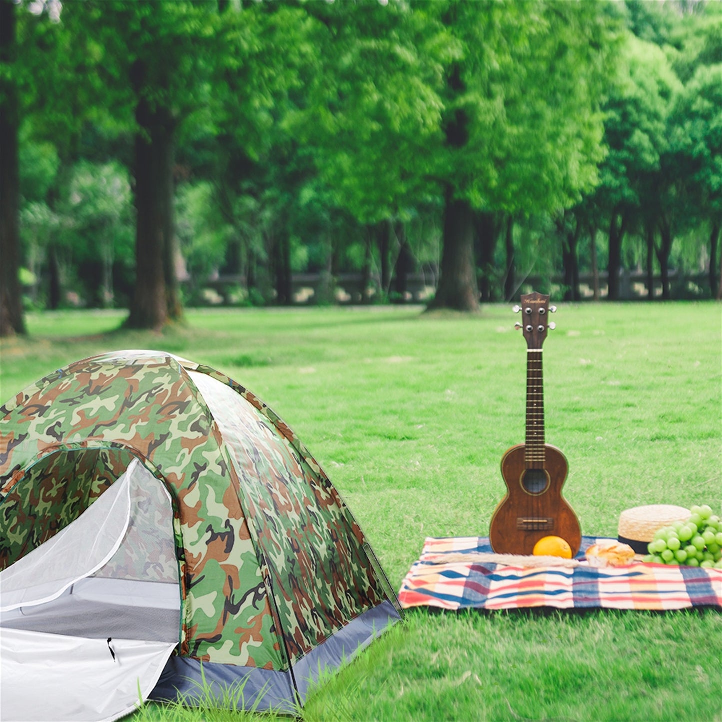3-4 People Camouflage Portable Camping Tent With Silver Tape And Fiberglass Pole