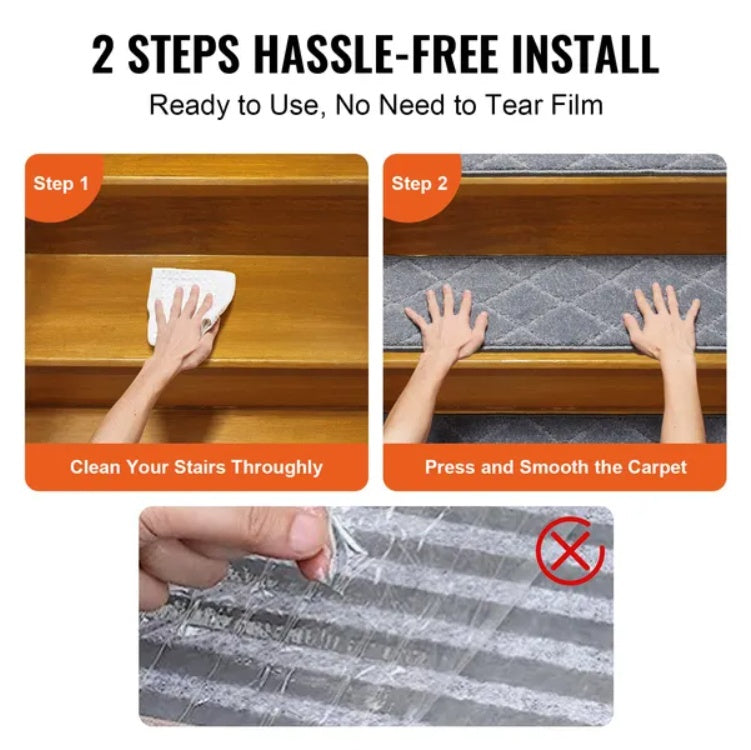 VEVOR Stair Treads, Stairs Carpet Non Slip 9 X 28, Indoor Stair Runner For Wooden Steps, Anti Slip Carpet Soft Edging Stair Rugs Mats For Kids Elders And Dogs, 15 Pcs, Gray