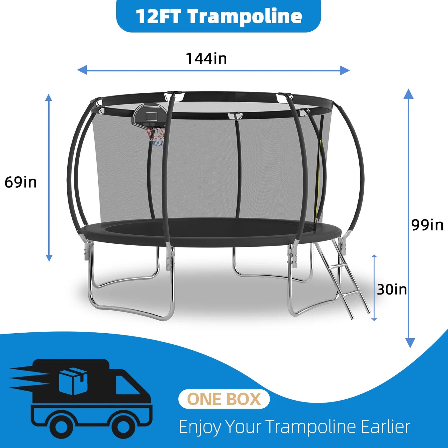 12 FT TRAMPOLINE BLACK PUMPKIN-STYLE SAFETY NET WITH BASKETBALL HOOP