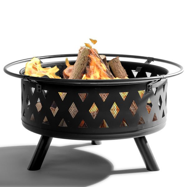 32in Round Shape With Lifting Ring, Mesh Lid, Diamond Holes, Wood-burning Brazier, Wrought Iron, Black