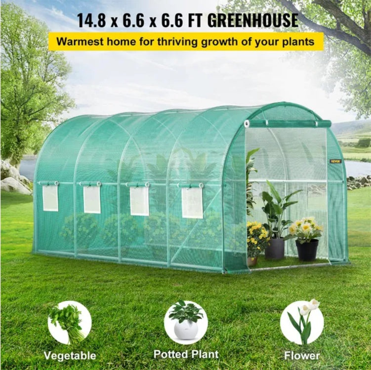 VEVOR Walk-in Tunnel Greenhouse, 14.8 X 6.6 X 6.6 Ft Portable Plant Hot House W Galvanized Steel Hoops, 1 Top Beam, Diagonal Poles, Zippered Door 8 Roll-up Windows, Green