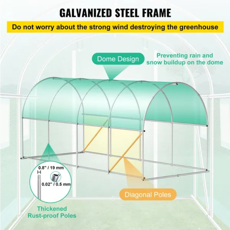 VEVOR Walk-in Tunnel Greenhouse, 14.8 X 6.6 X 6.6 Ft Portable Plant Hot House W Galvanized Steel Hoops, 1 Top Beam, Diagonal Poles, Zippered Door 8 Roll-up Windows, Green