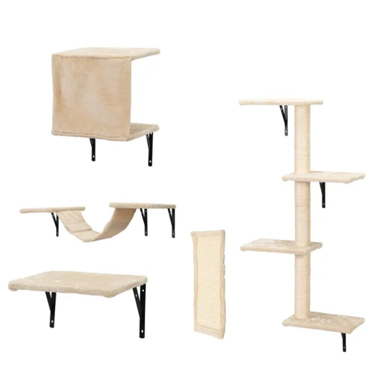 5 Pcs Wall Mounted Cat Climber Set Floating Cat Shelves And Perches Cat Activity Tree With Scratching Posts Modern Cat Furniture