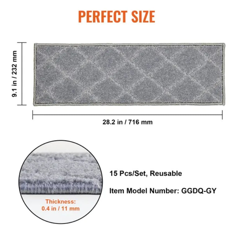 VEVOR Stair Treads, Stairs Carpet Non Slip 9 X 28, Indoor Stair Runner For Wooden Steps, Anti Slip Carpet Soft Edging Stair Rugs Mats For Kids Elders And Dogs, 15 Pcs, Gray