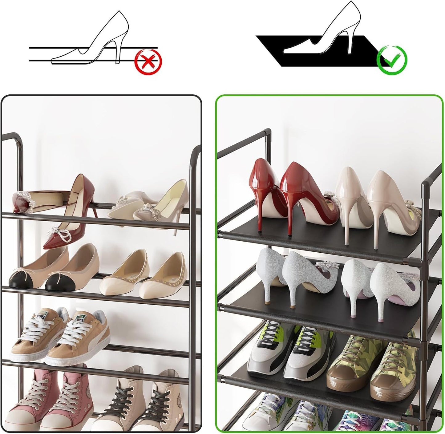 10-story Black Shoe Rack, High Shoe Rack For Entrance Bedroom Hallway, 20-24 Pairs Of Shoes And Boots, Narrow Metal Shoe Rack With Hooks Gloves Included, 2 Hooks, 3pp Spacers