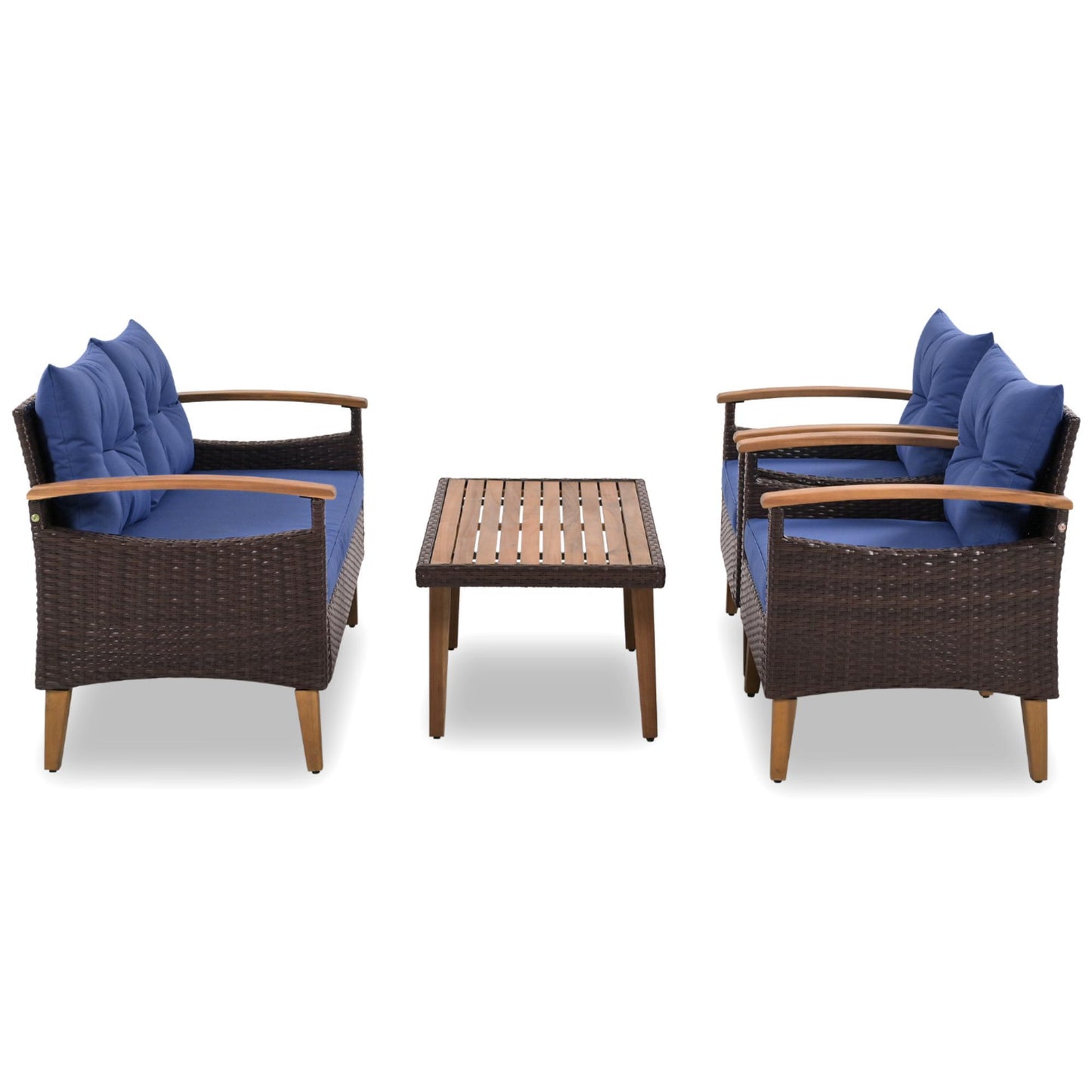 4-Piece Garden Furniture, Patio Seating Set, PE Rattan Outdoor Sofa Set, Wood Table And Legs, Brown And Blue