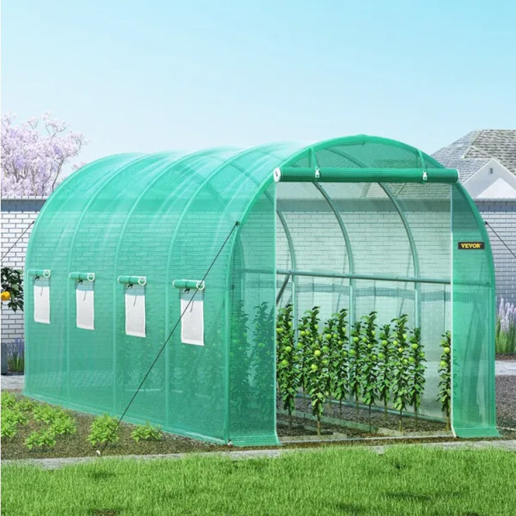 VEVOR Walk-in Tunnel Greenhouse, 14.8 X 6.6 X 6.6 Ft Portable Plant Hot House W Galvanized Steel Hoops, 1 Top Beam, Diagonal Poles, Zippered Door 8 Roll-up Windows, Green