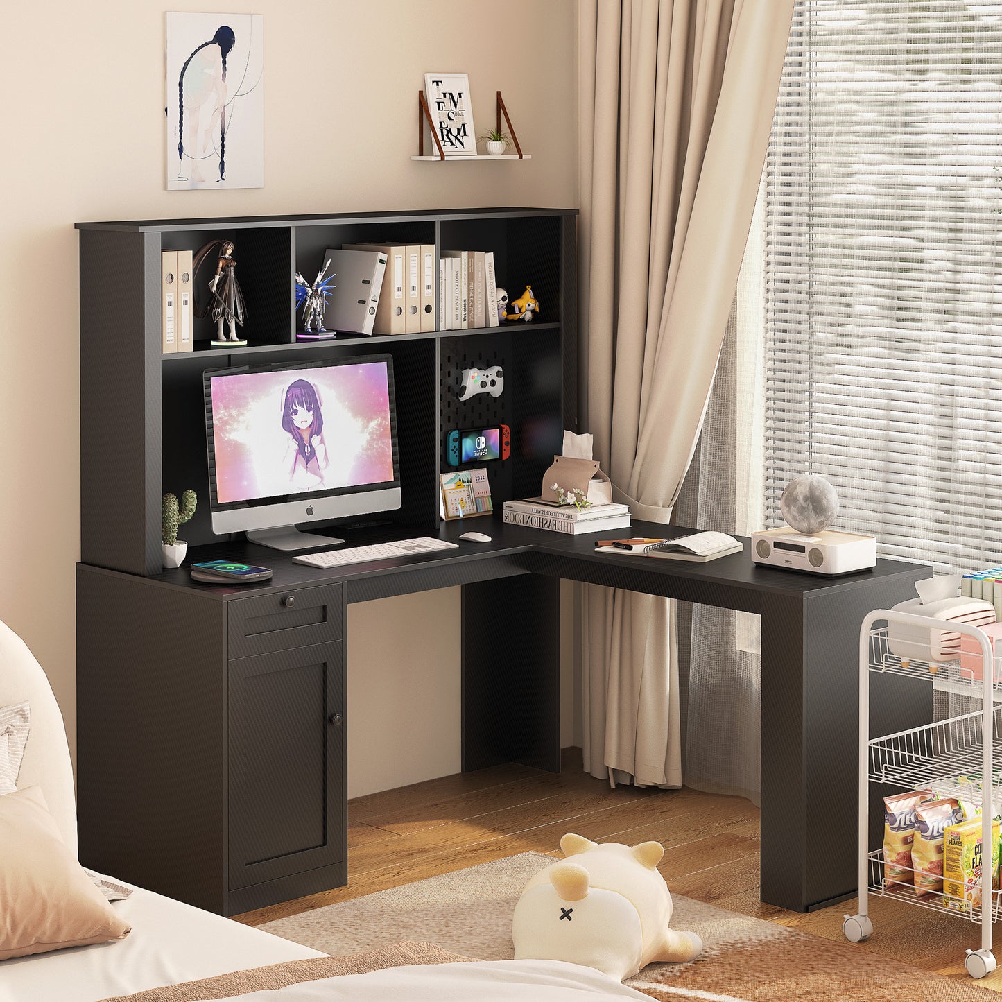 L Shaped Desk With Charger,Computer Desk With Drawers,Bookshelf,Modern Corner Desk,Home Office Desk,L-Shaped Study Table Writing Desk,Carbon Fiber Gaming Computer Desk With Storage,Black