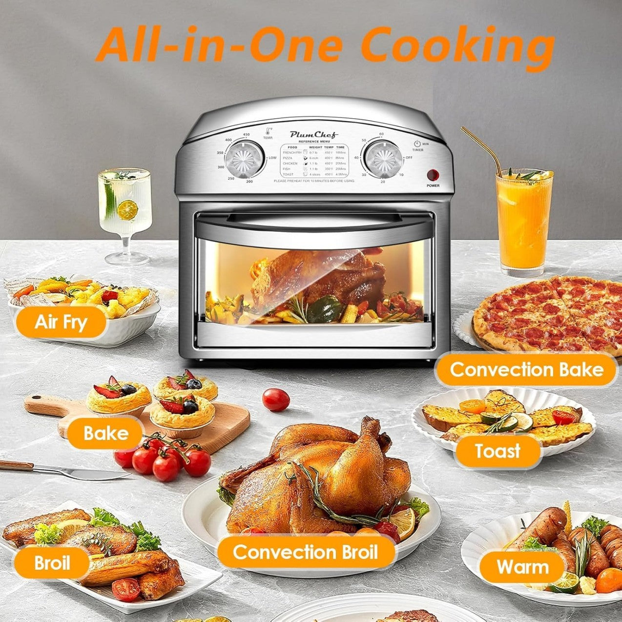 Stainless Steel 12.5 Qt Air Fryer, Dual Knob Control, 60-Min Timer, Presets For French Fries, Pizza, Chicken, Fish, And Toast Sleek Design