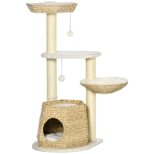 PawHut 47 Cat Tree Kitty Activity Center, Cat Climbing Toy With Cattail Fluff, Bed, Condo, Sisal Scratching Post, And Hanging Ball, Natural