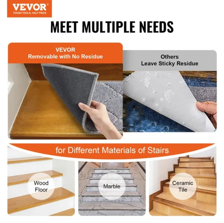 VEVOR Stair Treads, Stairs Carpet Non Slip 9 X 28, Indoor Stair Runner For Wooden Steps, Anti Slip Carpet Soft Edging Stair Rugs Mats For Kids Elders And Dogs, 15 Pcs, Gray