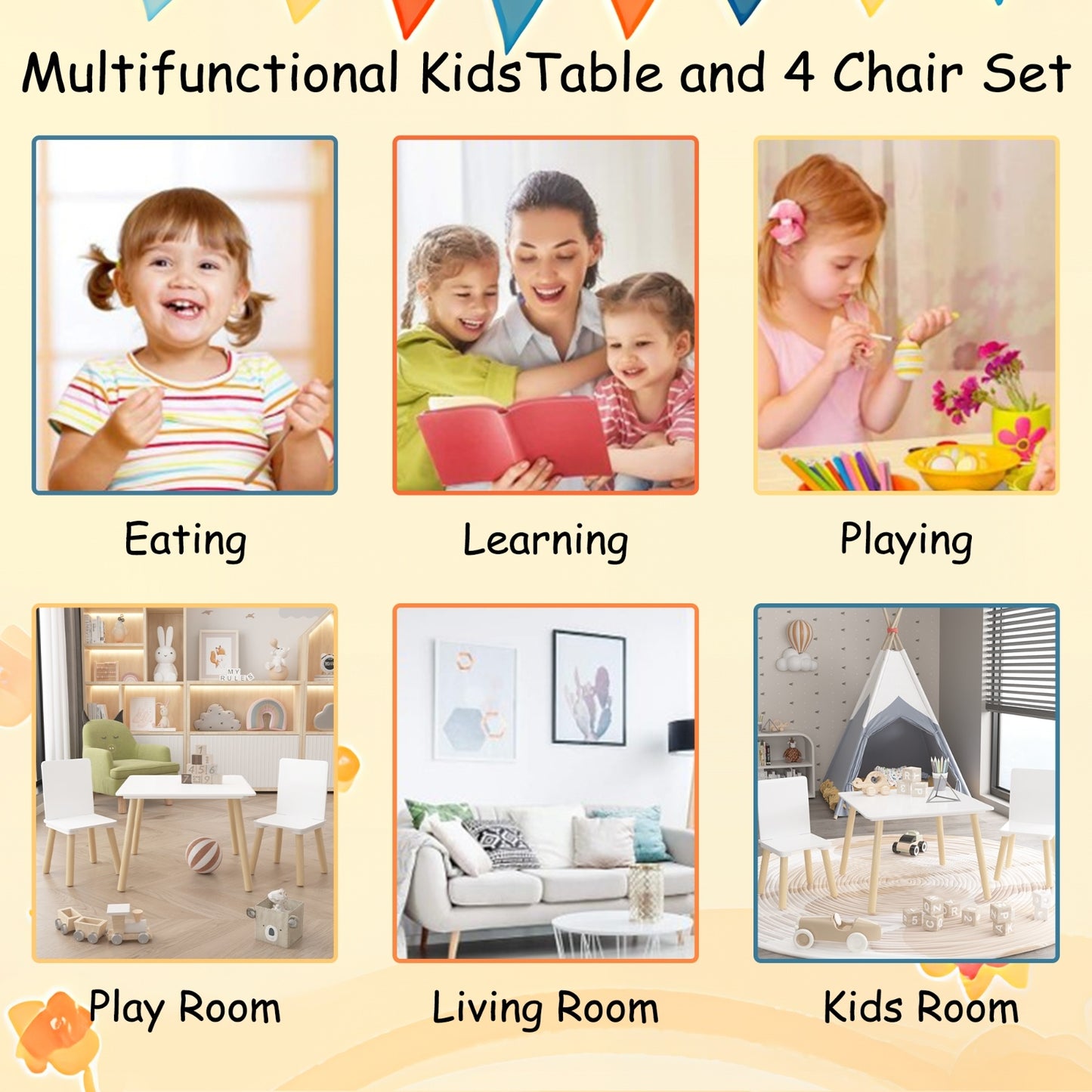 Kids Table And 2 Chairs Set, 3 Pieces Toddler Table And Chair Set, Wooden Activity Play Table Set