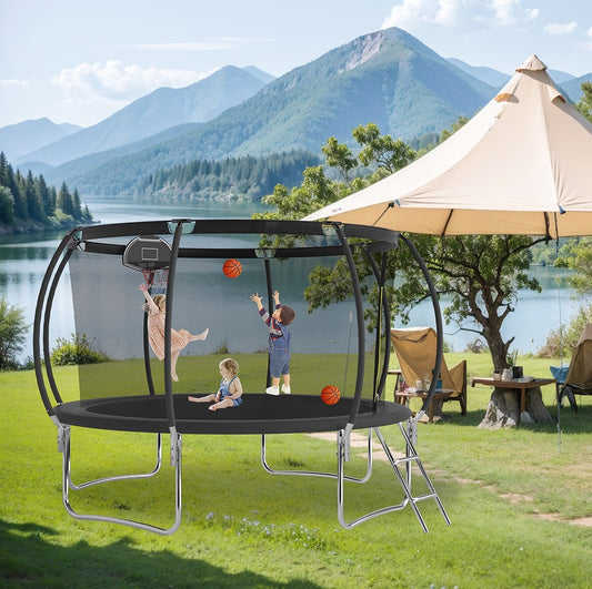 12 FT TRAMPOLINE BLACK PUMPKIN-STYLE SAFETY NET WITH BASKETBALL HOOP