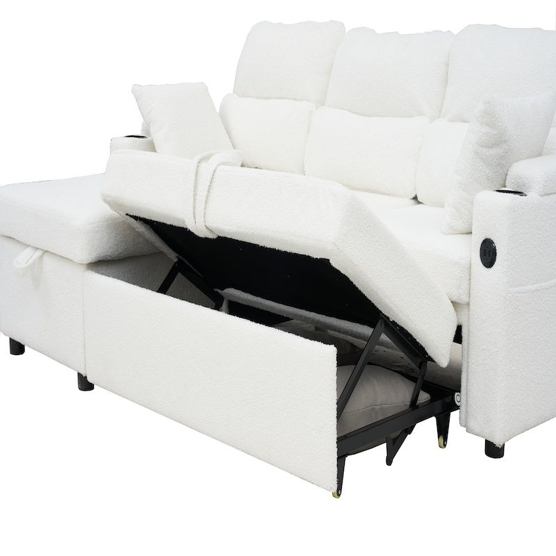 Convertible Sleeper Sofa 2 In 1, L-Shaped Couches For Living Room, Pull Out Sectional Futon Sofa Bed With Storage Space, USB Ports And Cup Holders