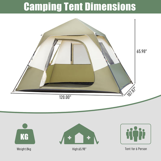 6-person Army Green Beige Camping Tent Polyester Cloth Automatic Iron Rod