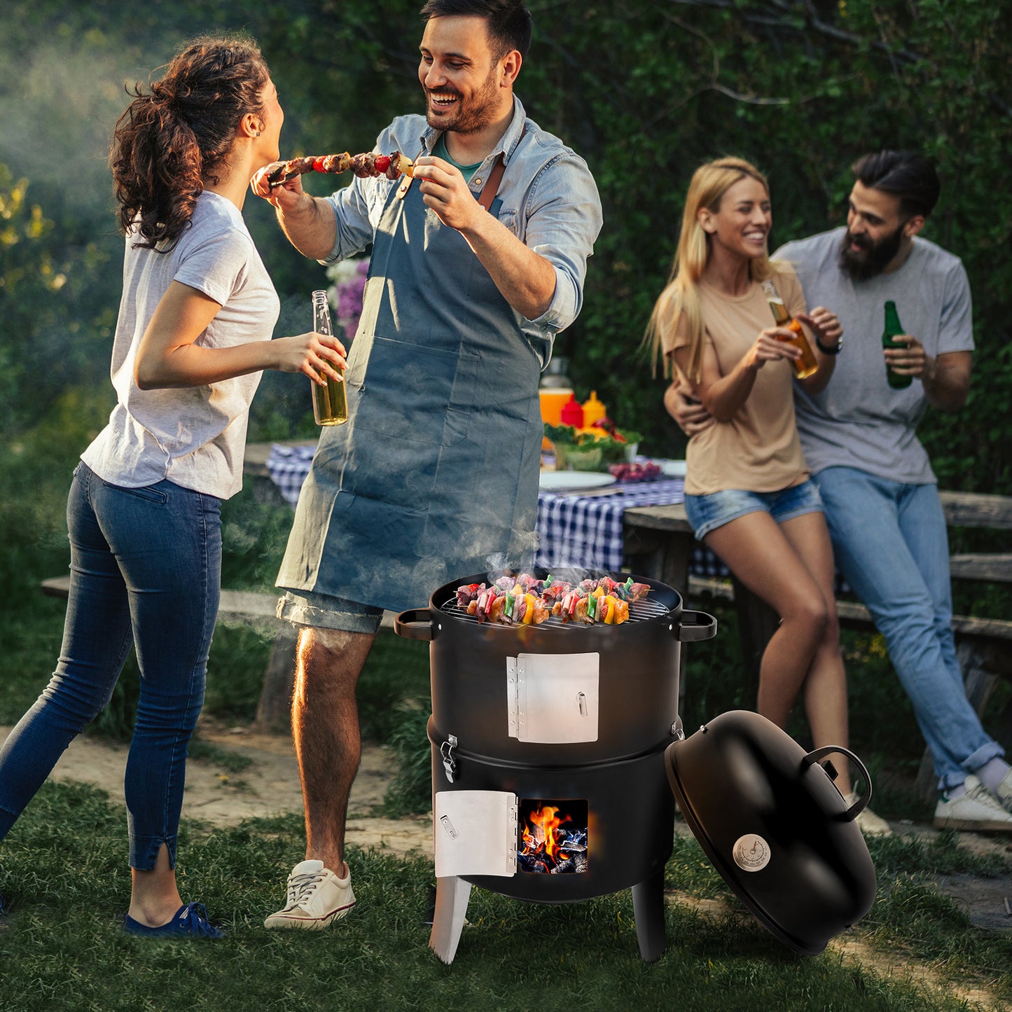47x41.5x82cm Black, Double-walled, Cylindrical, Smoker, Charcoal Grill