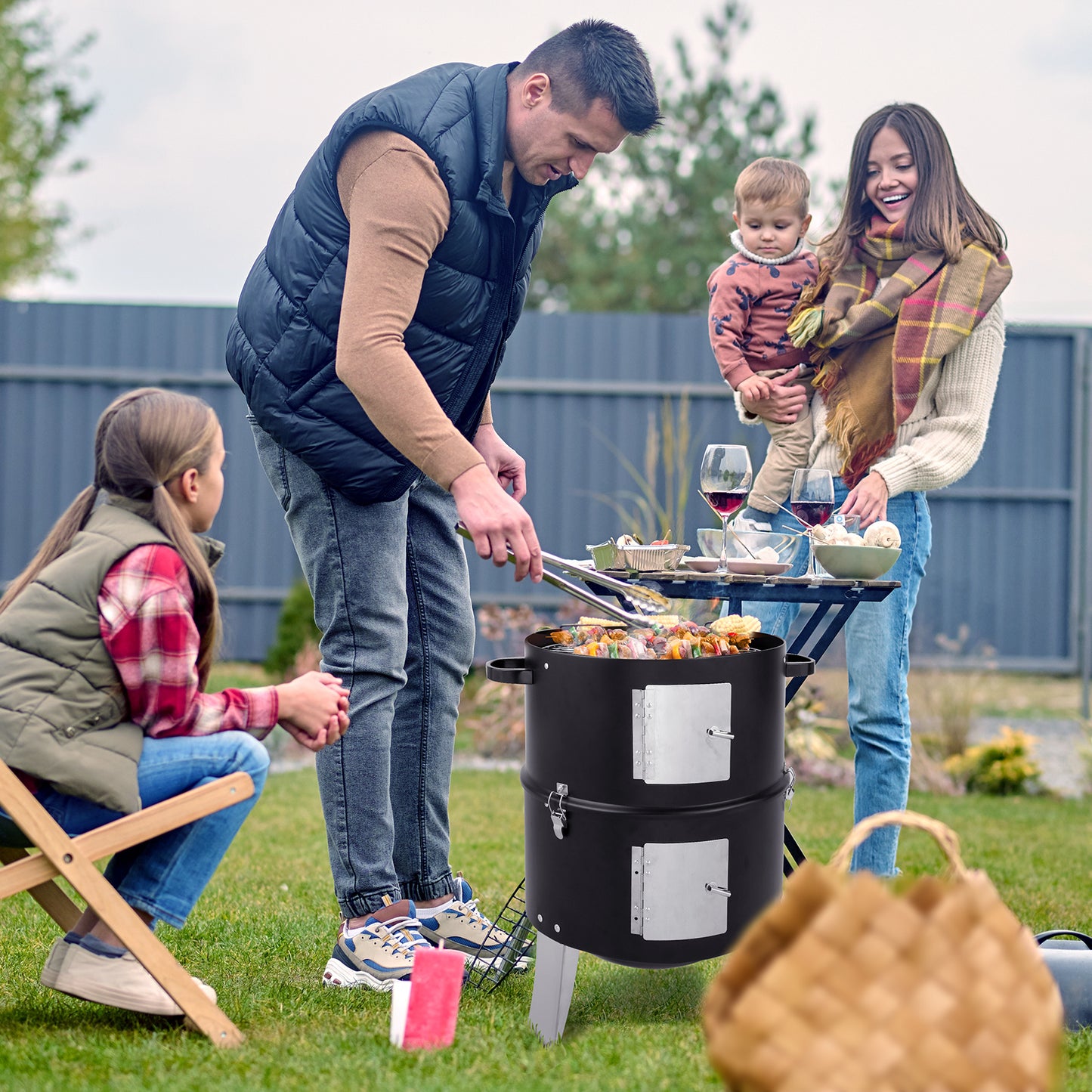 47x41.5x82cm Black, Double-walled, Cylindrical, Smoker, Charcoal Grill