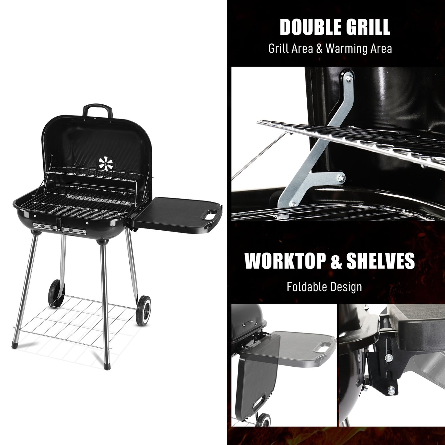 89.5x65x83cm Black, Foldable Side Panels, Square, Charcoal Grill