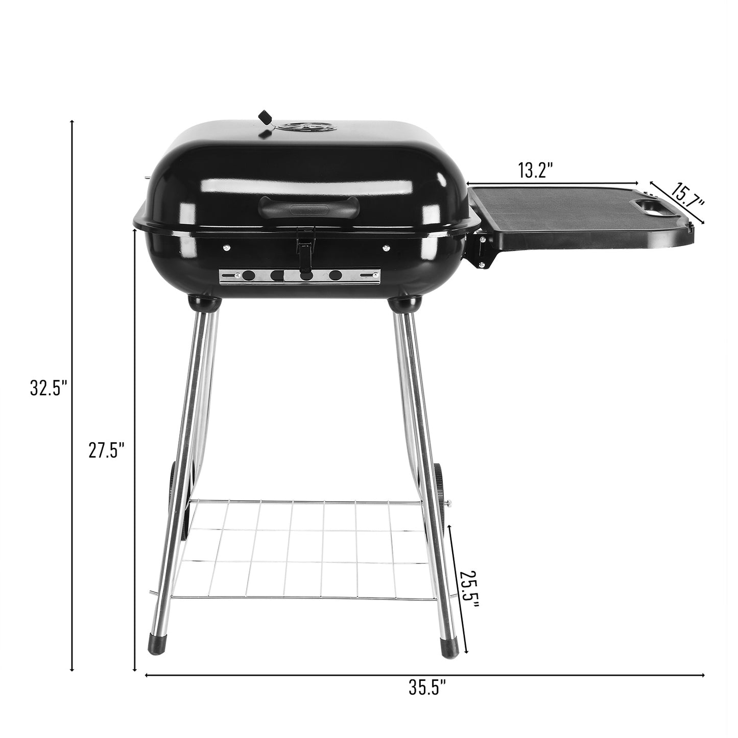 89.5x65x83cm Black, Foldable Side Panels, Square, Charcoal Grill