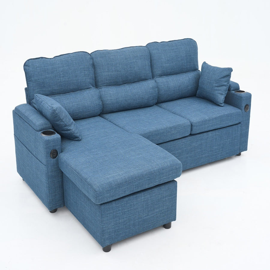 Convertible Sleeper Sofa 2 In 1, L-Shaped Couches For Living Room, Pull Out Sectional Futon Sofa Bed With Storage Space, USB Ports And Cup Holders
