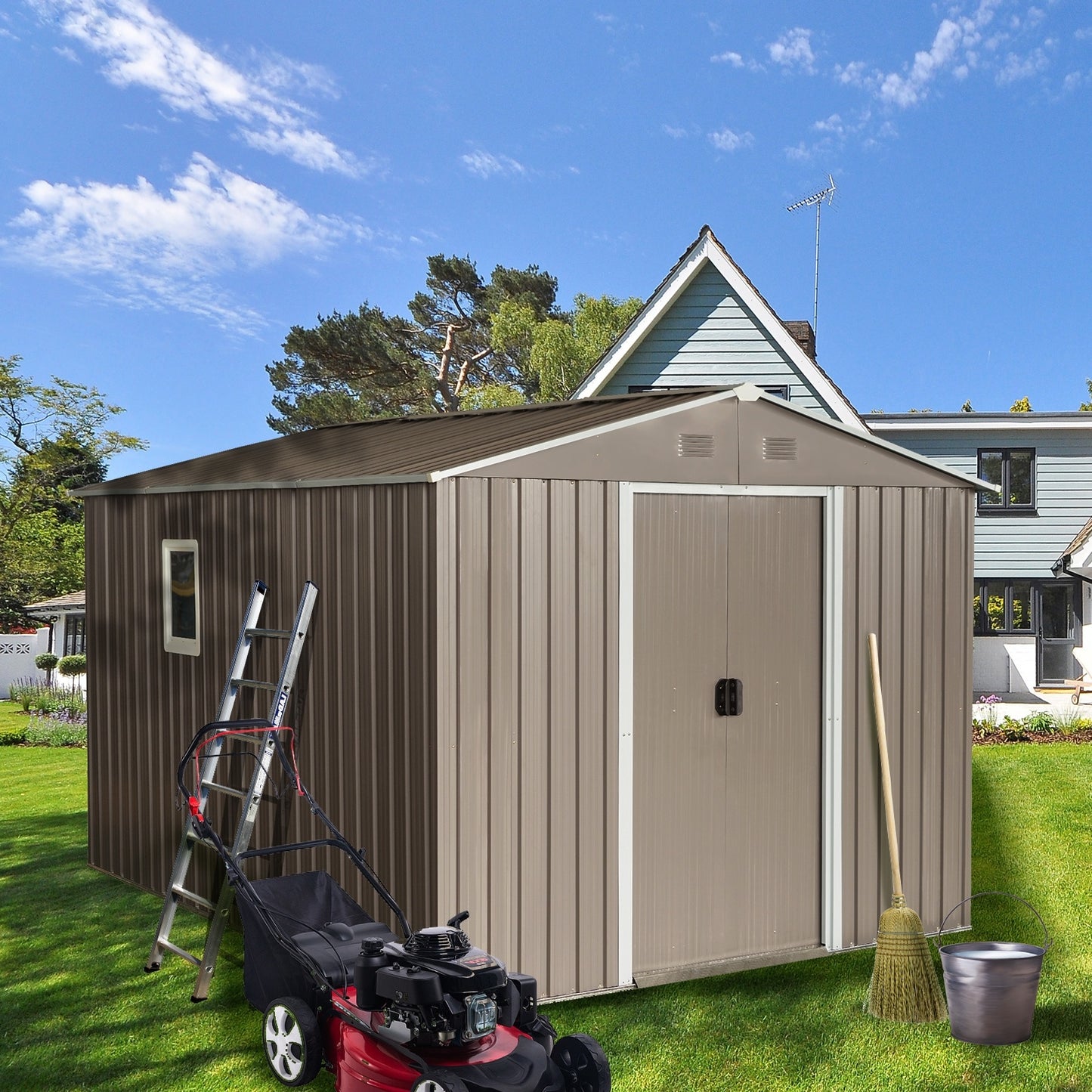 10ft X 8ft Outdoor Metal Storage Shed With Metal Floor Base,with Window,Grey
