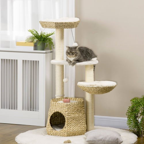 PawHut 47 Cat Tree Kitty Activity Center, Cat Climbing Toy With Cattail Fluff, Bed, Condo, Sisal Scratching Post, And Hanging Ball, Natural