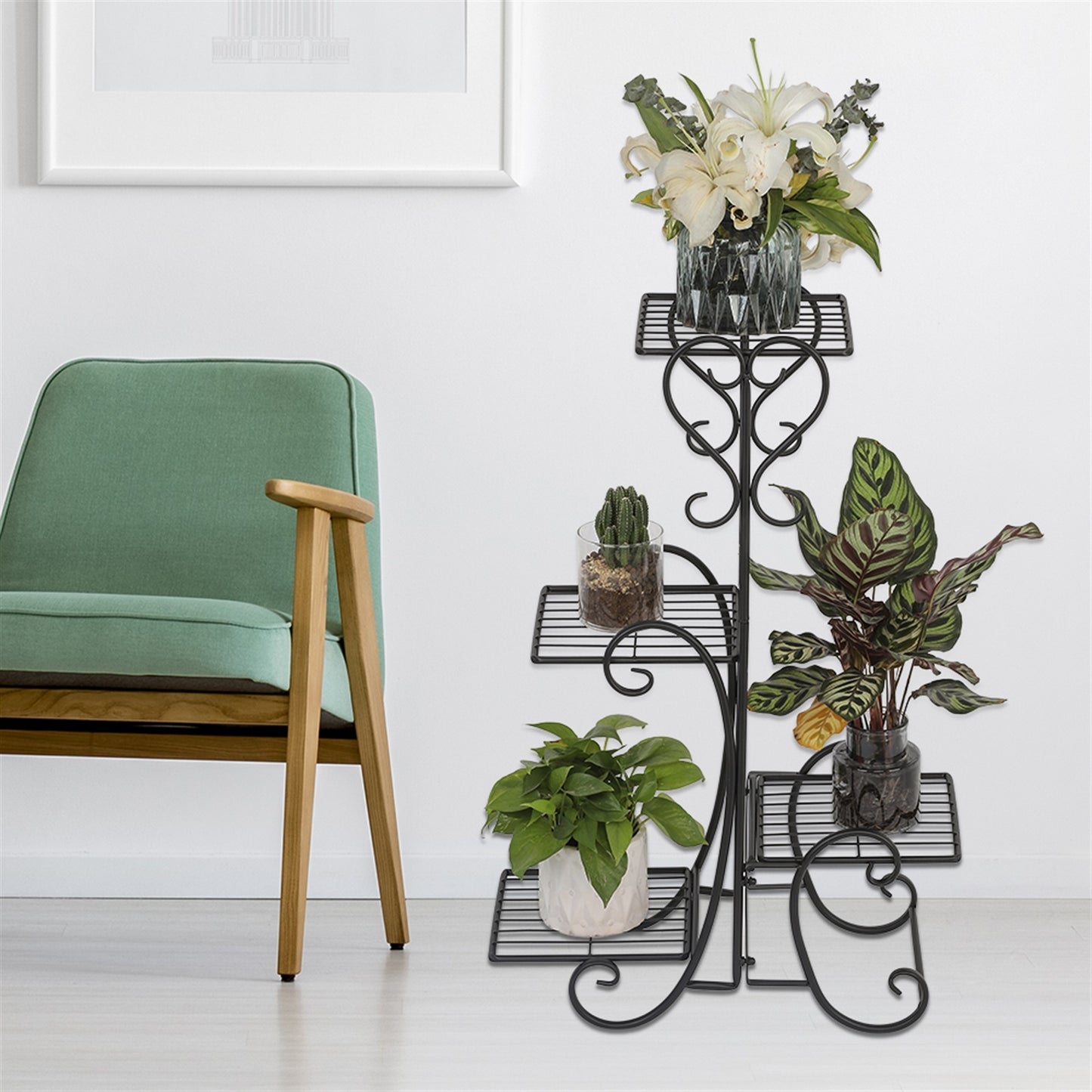 Square Potted Slot, Metal Plant Stand - Black