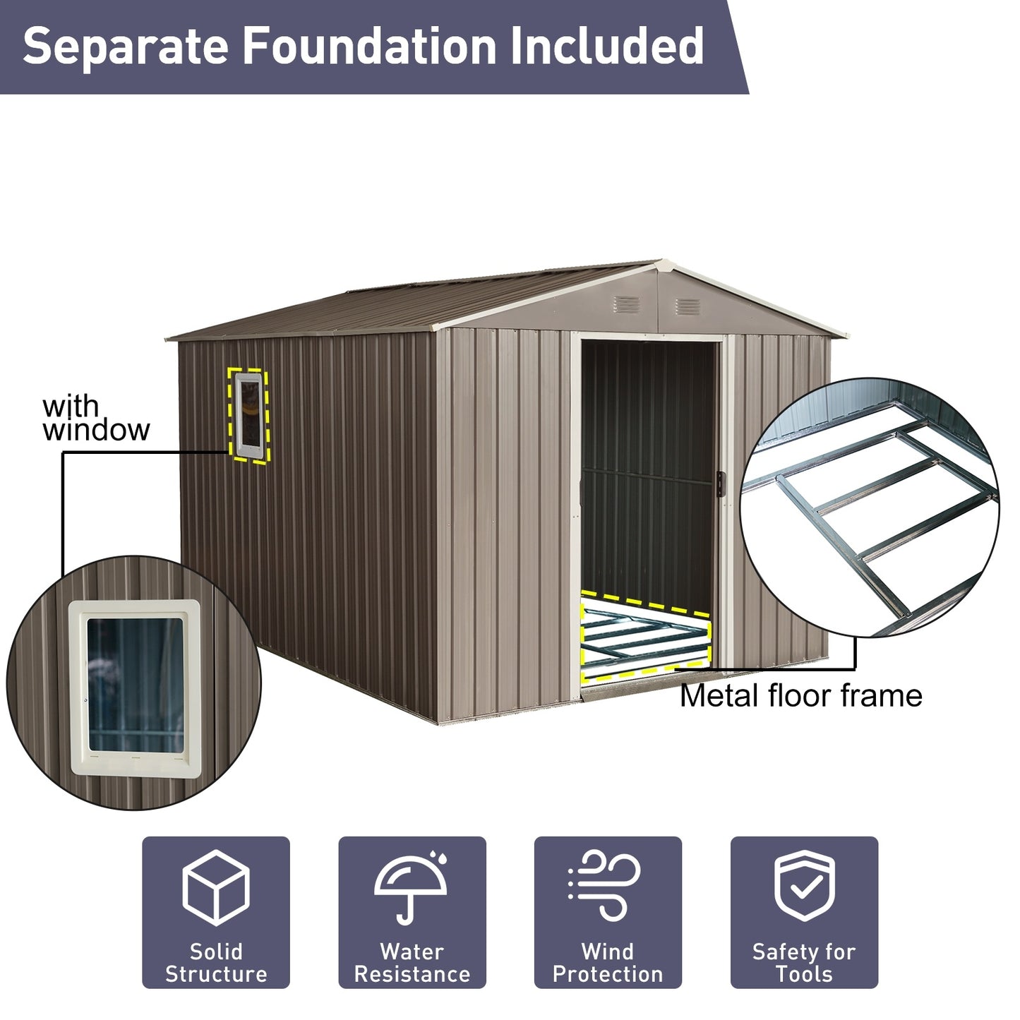 10ft X 8ft Outdoor Metal Storage Shed With Metal Floor Base,with Window,Grey