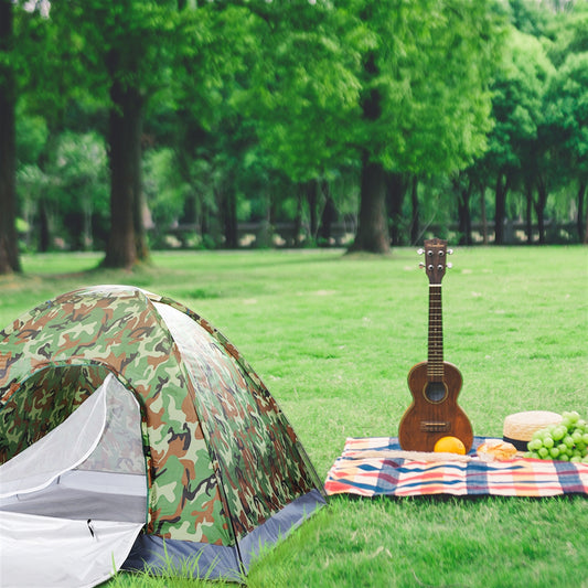3-4 People Camouflage Portable Camping Tent With Silver Tape And Fiberglass Pole