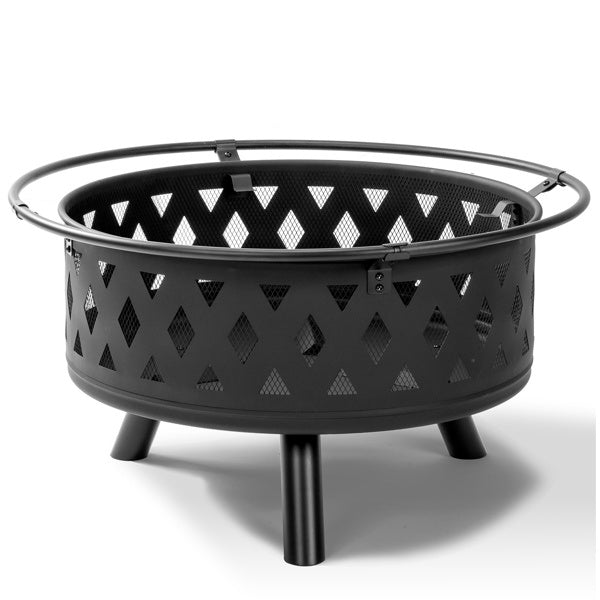 32in Round Shape With Lifting Ring, Mesh Lid, Diamond Holes, Wood-burning Brazier, Wrought Iron, Black